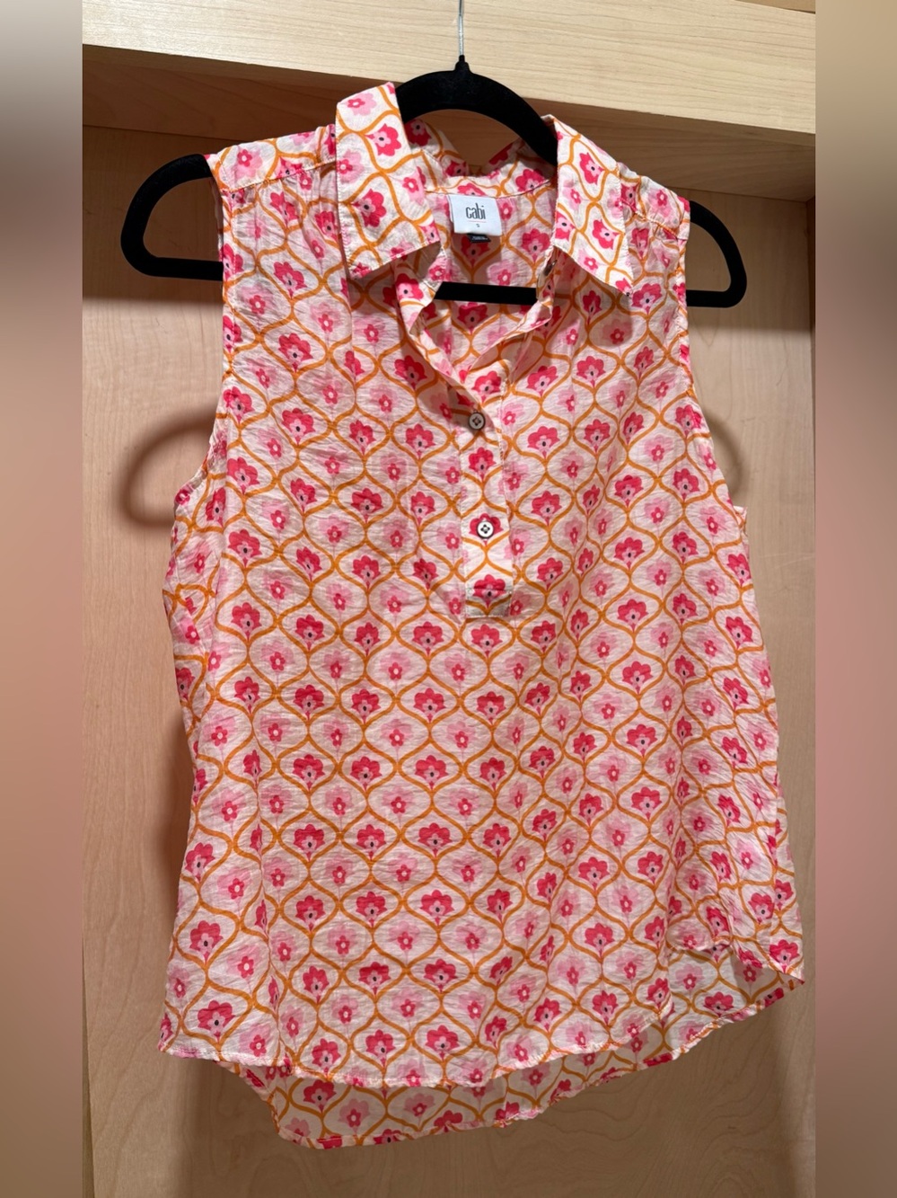 CAbi' Sleeveless Coral Pink & Orange Printed Collared Popover Size Small